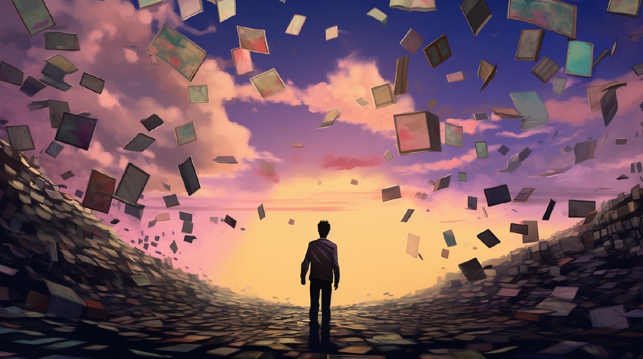 Imagem gerada no MidJourney, com o prompt: "A man standing, viewing various images appearing in horizontal planes flying in multiple directions around him, as if his memories are fading away like computer files being sucked into a giant 5 1/4-inch floppy disk."